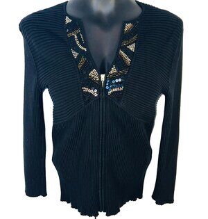 WD NY Sweater Womens XL Black Ribbed Beaded V Neck Zip Front Silk Rayon